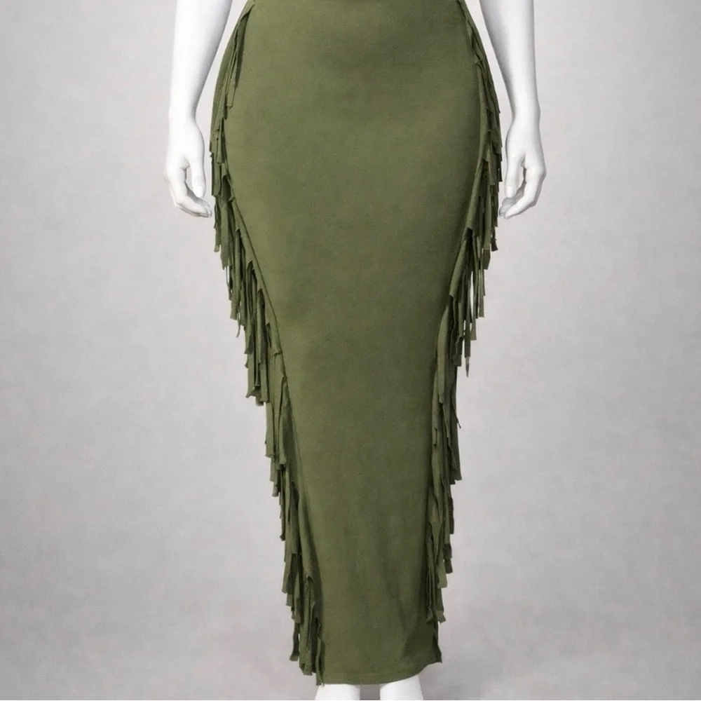 Army Green Fringe Skirt - Picture 2 of 2